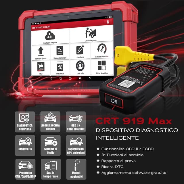 Detalle de LAUNCH CRP919MAX OBD2 scanner auto bidirezionale wireless: 31+ servizi, codifica ECU e supporto CAN FD & DoIP