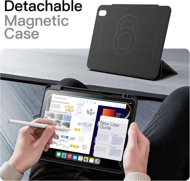 Detalle de JETech magnetische abnehmbare Hülle für iPad Air 11 Zoll (M4/M3/M2/5./4.) mit Stifthalter, 360°-Stand und entfernbarer Rückabdeckung (Schwarz)