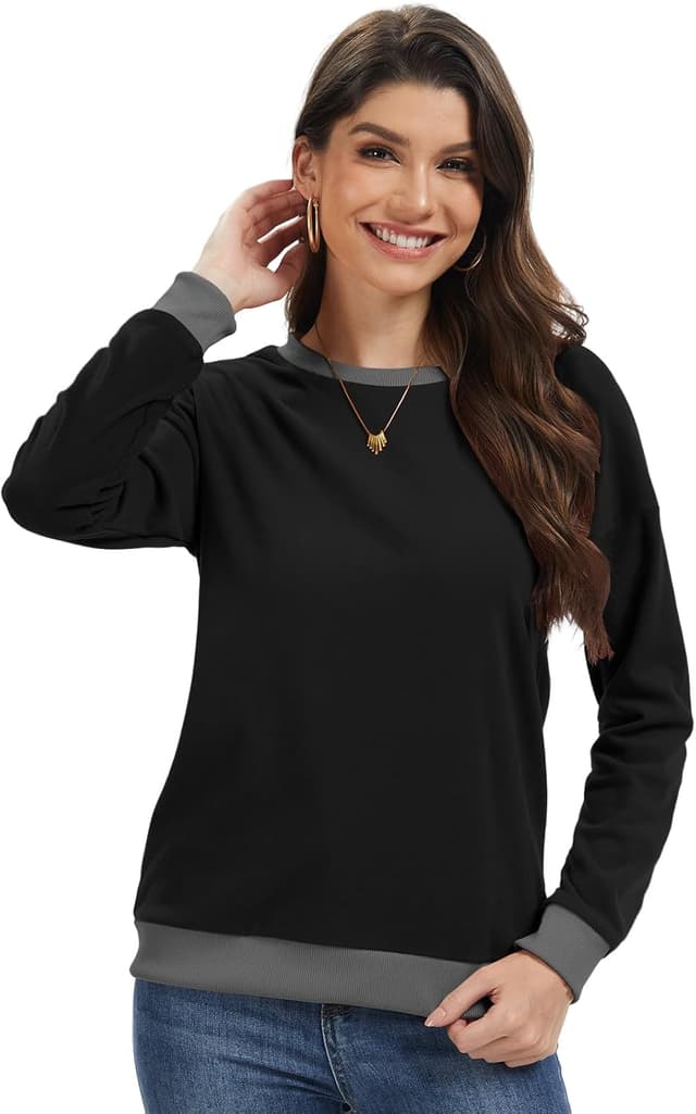 Detalle de Cuptacc Damen Pullover mit Rundhalsausschnitt – weiches Langarm-Sweatshirt mit Kontrastdetails