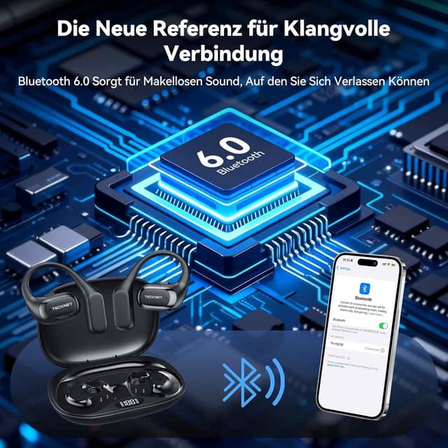 Detalle de TECKNET Open-Ear Bluetooth-Kopfhörer mit Bluetooth 6.0, Bass Boost, IPX5 und bis zu 38 Stunden Laufzeit
