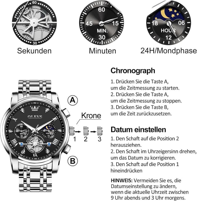 Detalle de OLEVS Herren Chronograph Quarz-Uhr mit Analog-Anzeige, wasserdicht bis 30 m, leuchtenden Markierungen aus Edelstahl