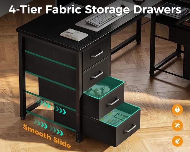 Detalle de Coleshome Computer Corner Desk with Drawers (140×70 cm) with Built-in Power Outlet, L-shaped, Black