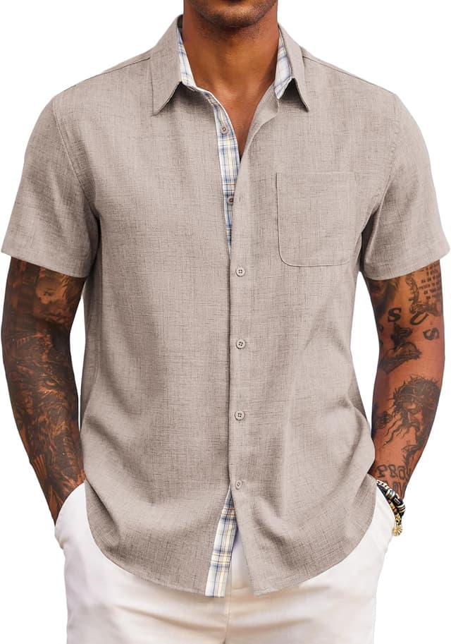 Detalle de COOFANDY Herren Kurzarm Sommerhemd mit Karierter Knopfleiste (Regular Fit)