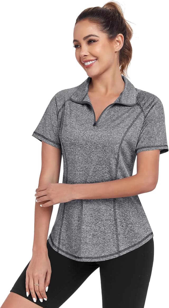 Detalle 2 de DUVOWE Sportshirt Damen Kurzarm mit 1/4 Reißverschluss – Funktions-T-Shirt für Gym, Workout & Laufen