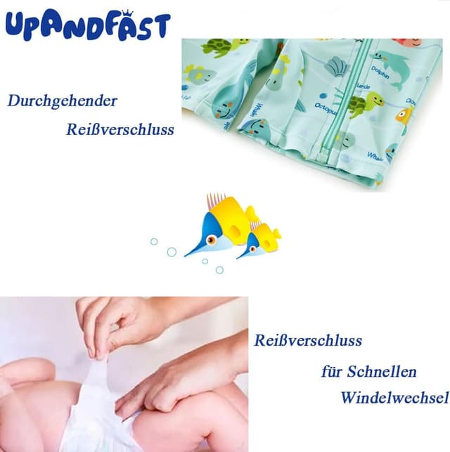 Detalle de upandfast Baby Badeanzug mit schrägem Reißverschluss und UPF 50+ (Junge/Mädchen)