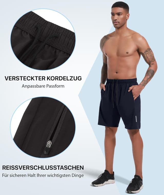 Detalle 2 de UUMIAER Herren Sporthose Kurz im 2er/3er Pack – schnell trocknend mit Reisverschlusstaschen