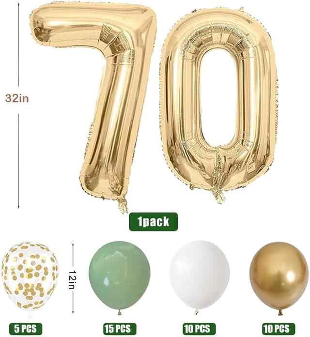 Detalle de Luftballon zum 70. Geburtstag – XXL Folienballon Zahl 70 in Salbeigrün (81 cm) mit Deko-Set