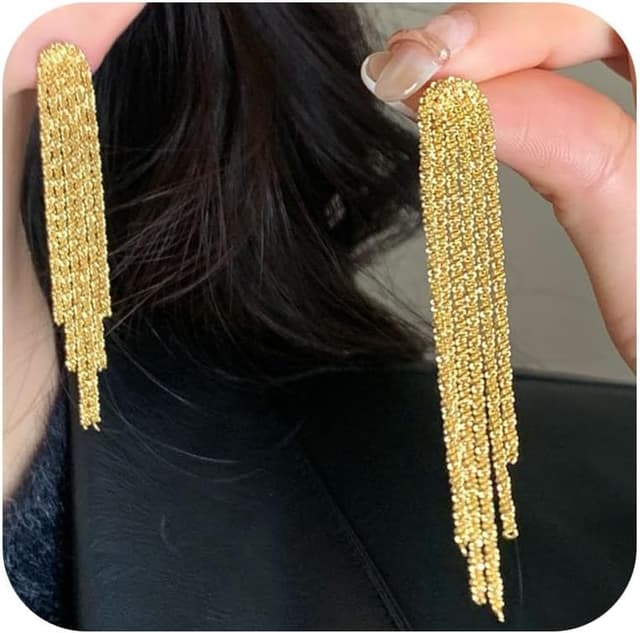 Detalle de Meteorstarry Ohrringe Silber 925/Gold – lange Quasten-Ohrhänger mit Kette und glänzender Oberfläche