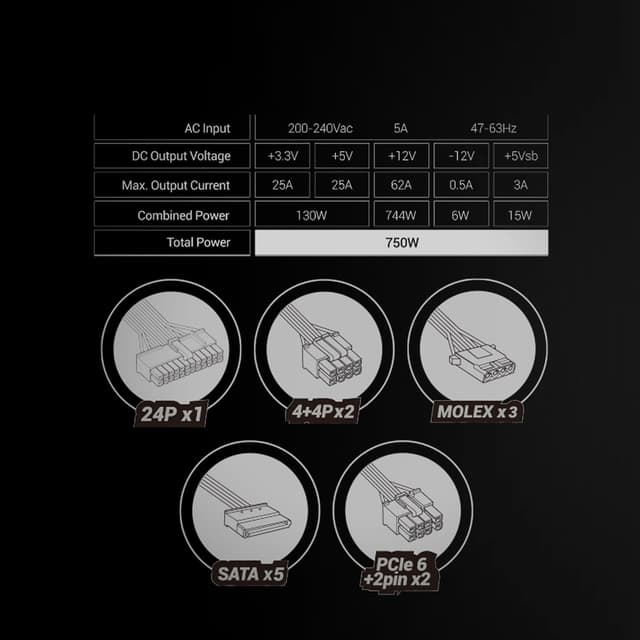 Detalle 2 de MARS GAMING MPB750SIM alimentatore ATX full modulare 750W 80 Plus Bronze 230V EU