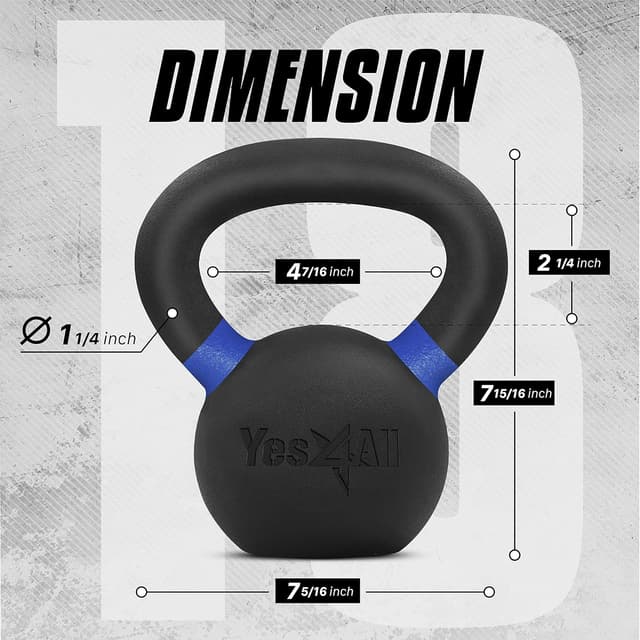 Detalle de Yes4All powder coated cast iron kettlebell set (4–32kg) for home gym training