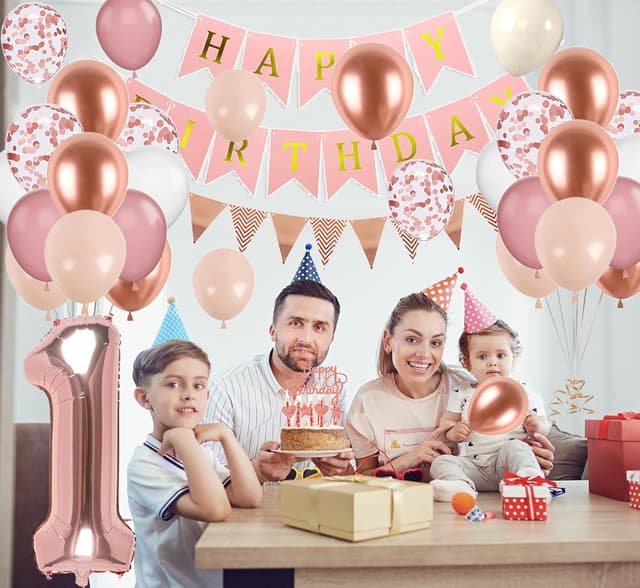 Detalle de 1. Geburtstag Deko-Set Roségold (Zahl 1 Luftballon) von VUCDXOP – Party-Deko für Mädchen zum 1. Jahr