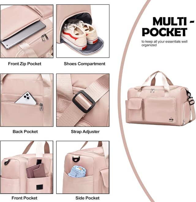 Detalle de CarryFitness Sports Gym Bag Duffle Bag with Shoes Compartment, Waterproof Weekend Bag (Pink) 37L