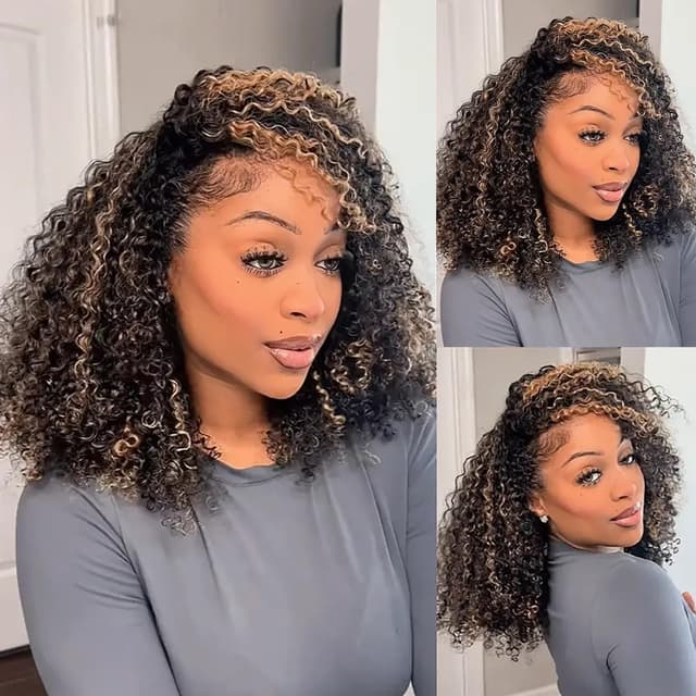 Detalle de Half Wig Human Hair 3 In 1 Kinky Curly Glueless Balayage Ombre Brown 250% Density (16 Inch) — Wear Go Drawstring Flip Headband Wig