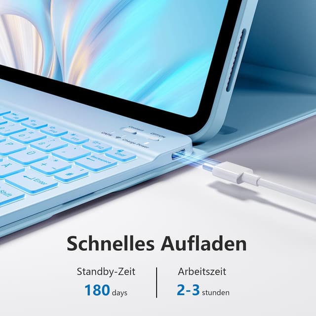 Detalle de drivego Hülle mit Tastatur für iPad 11. und 10. Generation (A16/A10) mit 7-farbiger Beleuchtung, Magnet-Tastatur und Stifthalter