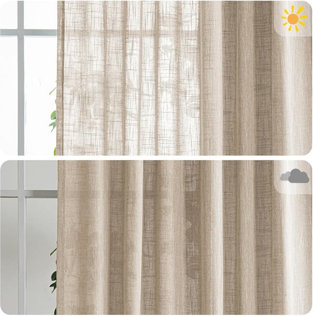 Detalle de MYSKY HOME Vorhang mit Kräuselband (2er-Set) in Beige – Leinenoptik, halbtransparent für Kinderzimmer & Wohnzimmer