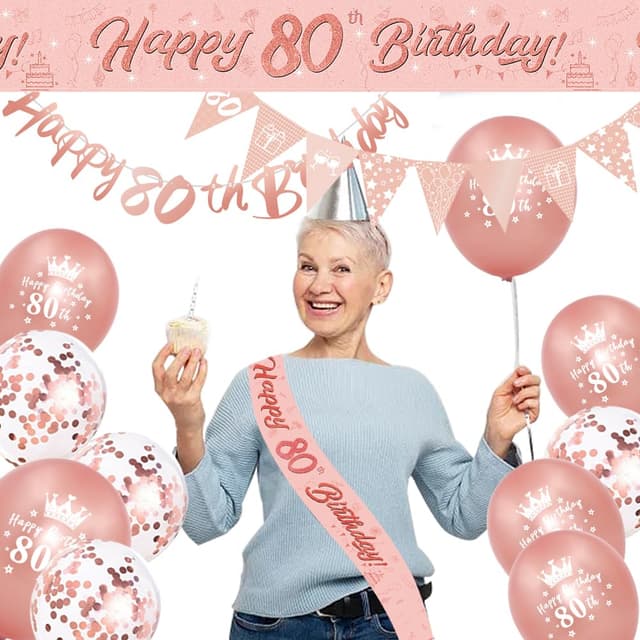 Detalle de Rose Gold Happy 80th Birthday Banner, Sash, Cake Topper, Triangle Flags & Confetti Balloons Decoration Set