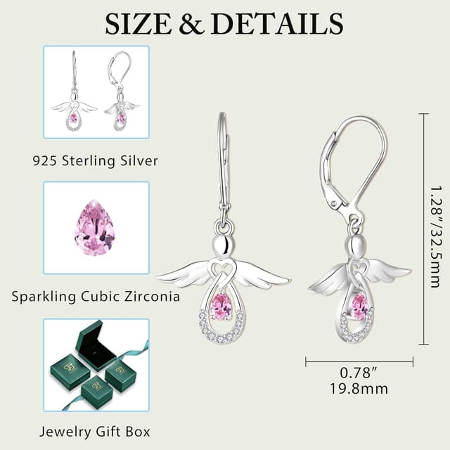 Detalle 2 de FJ Damen Schutzengel Ohrringe 925 Sterling Silber mit Engel-Anhänger und Geburtsstein (Zirkonia)