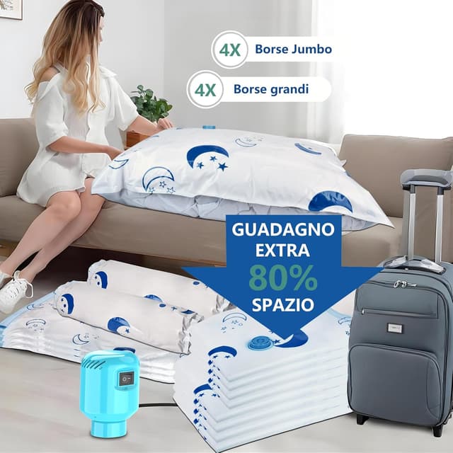 Detalle de SZO Sacchetti sottovuoto per piumoni con pompa elettrica Viaggio Sgonfiaggio rapido, 8 pezzi (4 jumbo + 4 grandi)
