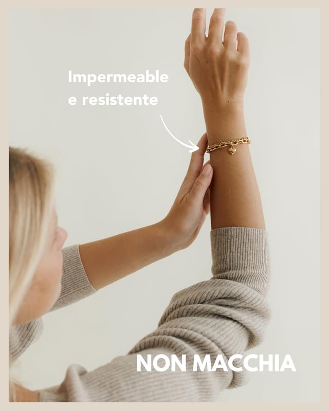 Detalle de GD GOOD.designs bracciale cuore multistrato regolabile con charms e catena Figaro (oro 18K, oro rosa o argento)