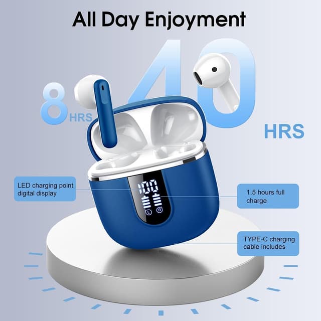 Detalle de Écouteurs Bluetooth sans fil Bluetooth 5.4 avec 4 micros ENC, réduction de bruit et autonomie jusqu’à 40 h (USB‑C) – Bleu