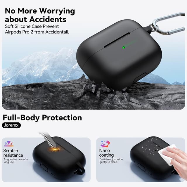 Detalle de Joremx Silikon-Hülle für AirPods Pro 2 (USB‑C/Lightning, 2023) inkl. Ohrstöpseln (XS/S/M/L) & Reinigungsset – schwarz