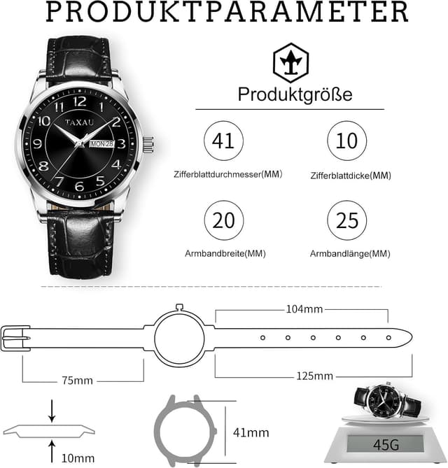 Detalle de Taxau klassische Lederuhr für Herren mit Analog-Quarzwerk, Big Dial, 41 mm, wasserdicht bis 30 m