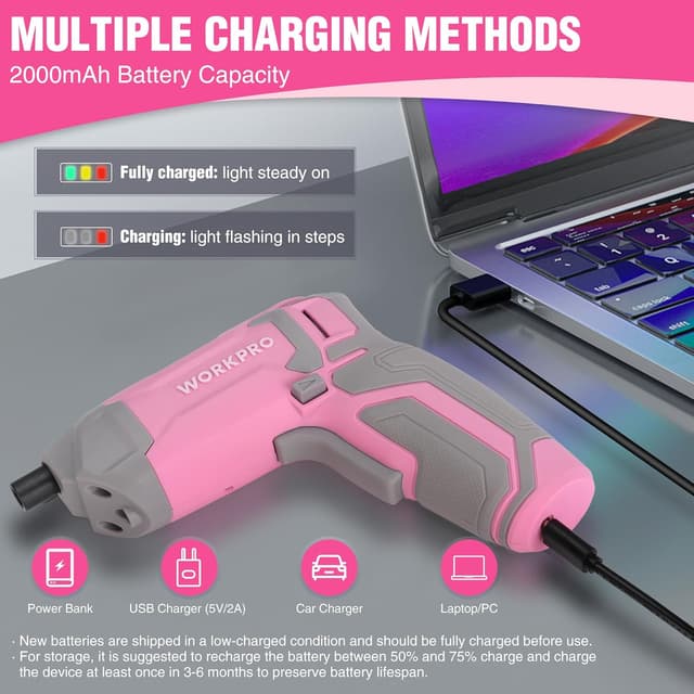 Detalle de WORKPRO Avvitatore elettrico da 3,6 V con 7 Nm, LED e ricarica USB (rosa)