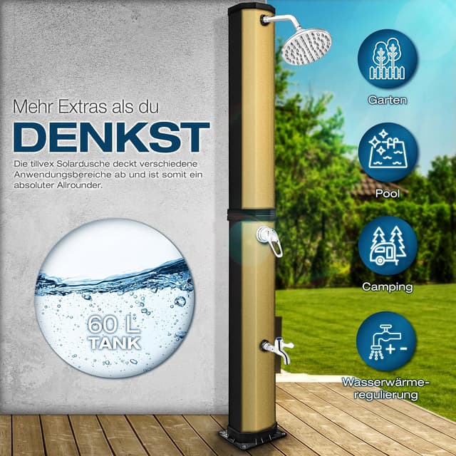 Detalle de tillvex Solardusche 60 Liter inkl. Abdeckung – warme Gartendusche für Pool, Camping & Garten ohne Stromanschluss