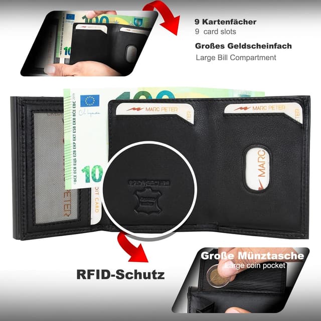 Detalle 2 de Marc Peter Chicago Leder Push Air Slim Wallet – AirTag-Geldbörse mit Münzfach (RFID-Schutz) in Schwarz