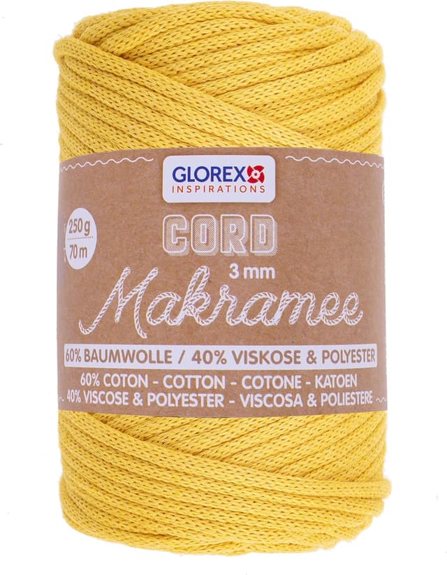 Detalle de GLOREX Makramee-Cord 3 mm, senfgelb, 250 g (ca. 70 m) – 60 % Baumwolle/40 % Viskose-Polyester, zum Häkeln, Stricken & Knüpfen