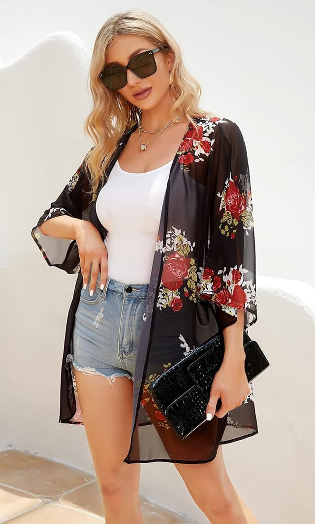 Detalle de Gosunny Damen Sommer-Top / Strandkimono im Boho-Look als Bikini-Cover-up (Oversize, Blumendruck)