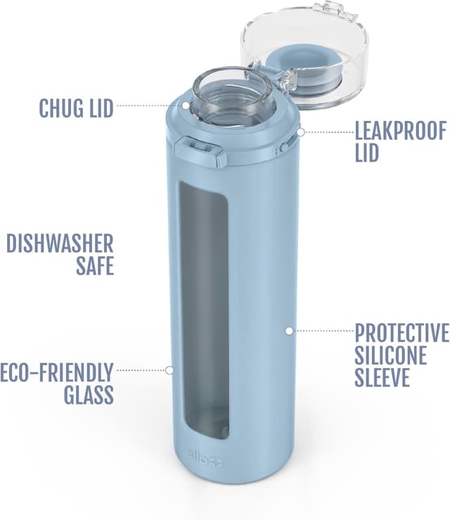 Detalle de Ello Syndicate 20oz Reusable Glass Water Bottle with One-Touch Leak-Proof Flip Lid (Tech Blue)
