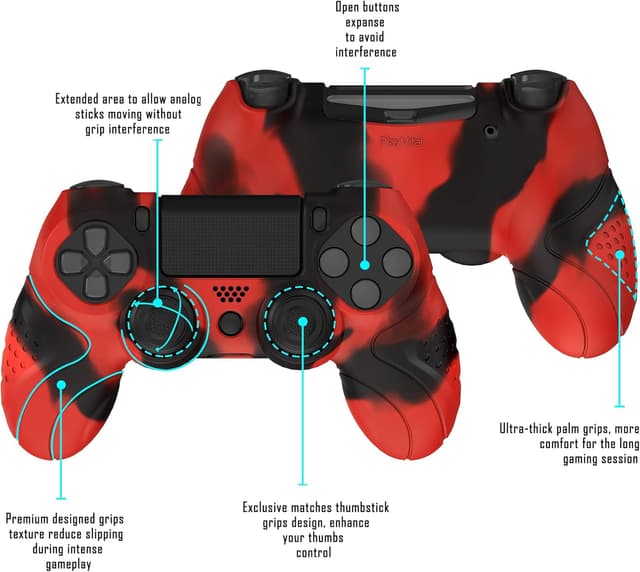 Thumbnail 6 de PlayVital Guardian Edition ergonomic soft silicone case cover for PS4 Slim/Pro controller (Red & Black) with thumb grip caps