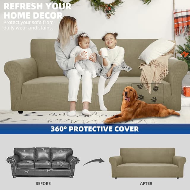 Detalle de Ystyle housse de canapé extensible 4 places avec accoudoirs, antidérapante kaki