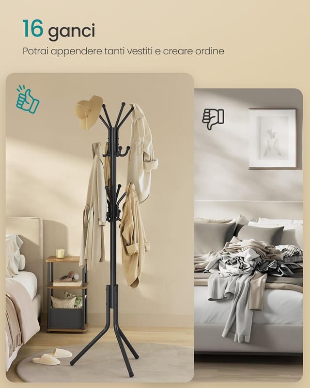 Detalle de SONGMICS appendiabiti da terra nero inchiostro con 16 ganci RCR081BH01, altezza 175 cm