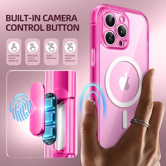 Detalle 2 de BERFY iPhone 16 Pro Max Case with MagSafe + Built-in 9H Tempered Glass Screen Protector (Clear Bright Pink)