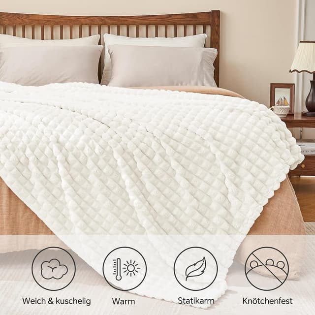 Detalle de BEDELITE Kuscheldecke flauschig aus Flanell 150x200 (Creme/Weiß) als Couch-Überwurf