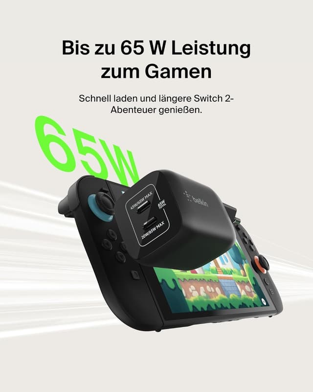 Detalle 2 de Belkin Gaming USB-C Ladegerät mit 2 Anschlüssen (65 W, GaN) für Nintendo Switch 2, iPhone & mehr – Schwarz