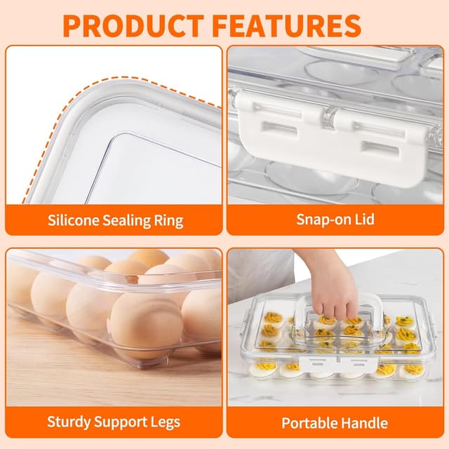 Detalle 2 de MesRosa 2-Pack Deviled Egg Containers with Lid and Handle (Holds 48 Eggs) — Stackable Clear Plastic Carrier, White