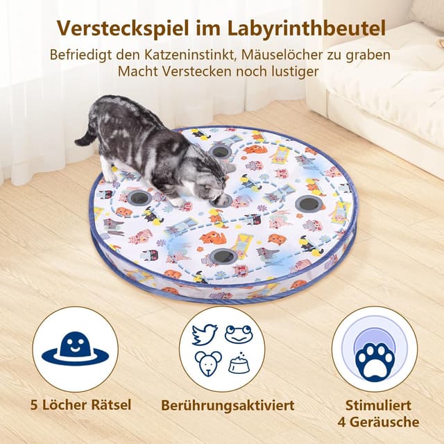 Detalle de GoldenSun Katzenspielzeug Bewegungs-Zwitscher-aktivierter Ball mit 5-Loch-Versteckspiel (blau)