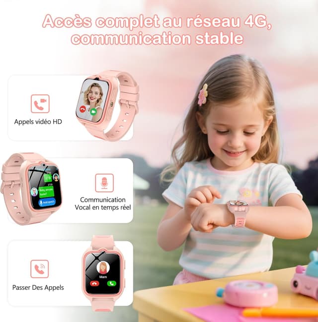 Detalle de IOWODO Montre connectée enfants 2025 4G LTE (SIM nano) avec GPS, SOS et appels vidéo – Rose, 5 à 12 ans