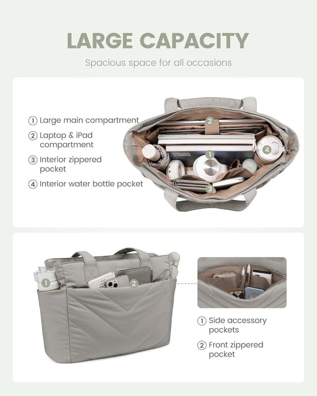 Detalle de LOVEVOOK women’s lightweight puffer tote bag with zip and laptop compartment