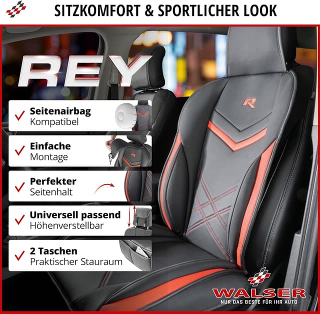 Detalle de Walser Sitzauflage Auto Rey Sitzschoner für Vordersitze schwarz/rot im Rennsport-Design