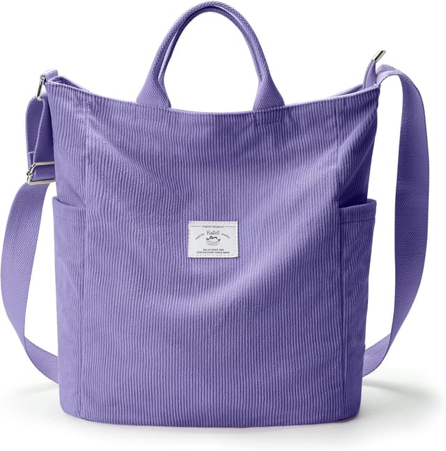 Detalle de KALIDI Corduroy Hobo Bag large capacity tote with zip & crossbody strap