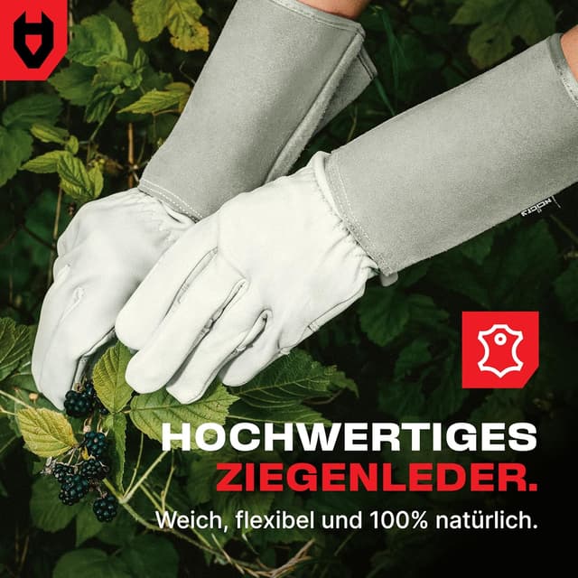 Detalle de NoCry Leder-Gartenhandschuhe mit Dornenschutz, lange Stulpe und verstärkten Fingerspitzen – Grau, Größe XL