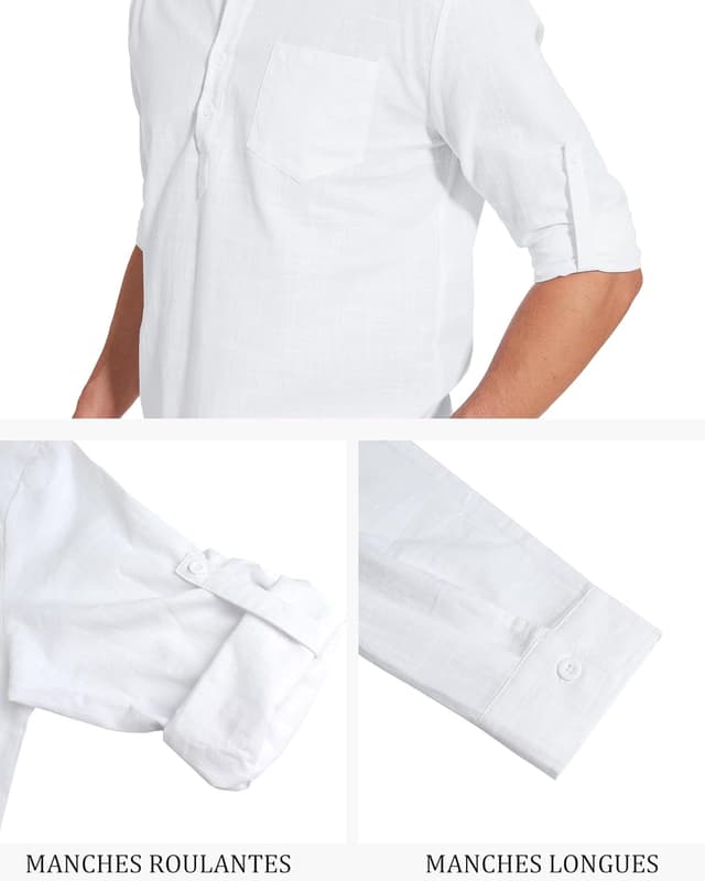 Detalle de YAOBAOLE chemise en lin pour homme à col Henley et manches longues
