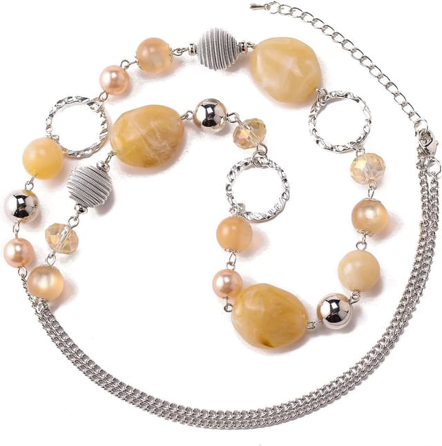 Detalle 2 de Bulinlin Damen Lange Perlenkette Statement Boho – Silberfarbene Metallkette mit Verlängerung für Hochzeitstag & Alltag