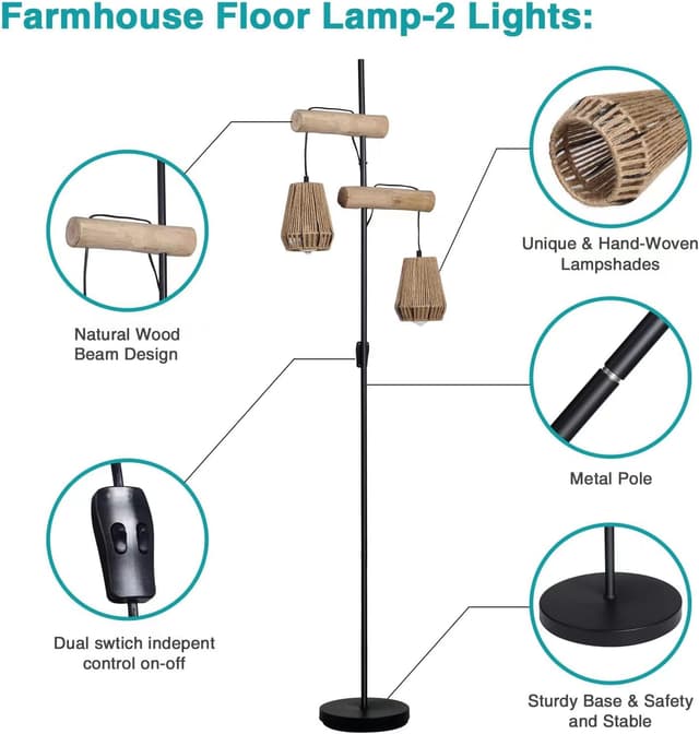 Thumbnail 5 de Osasy Lámpara de pie Boho con ratán 2 pantallas