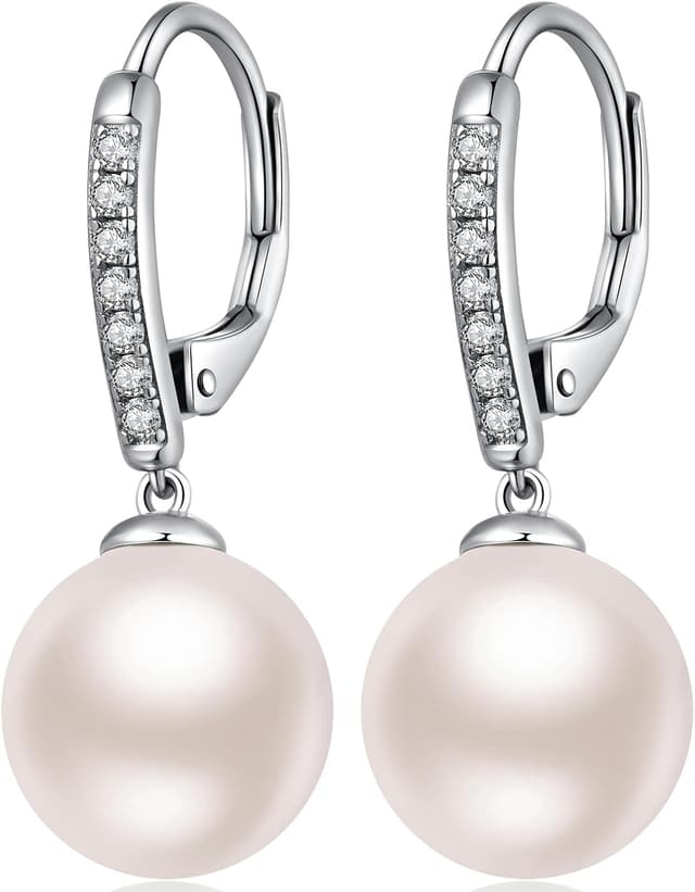 Detalle de jiamiaoi Perlenohrringe aus 925er Silber mit 10 mm Zuchtperle (Hängend, Hebelverschluss)