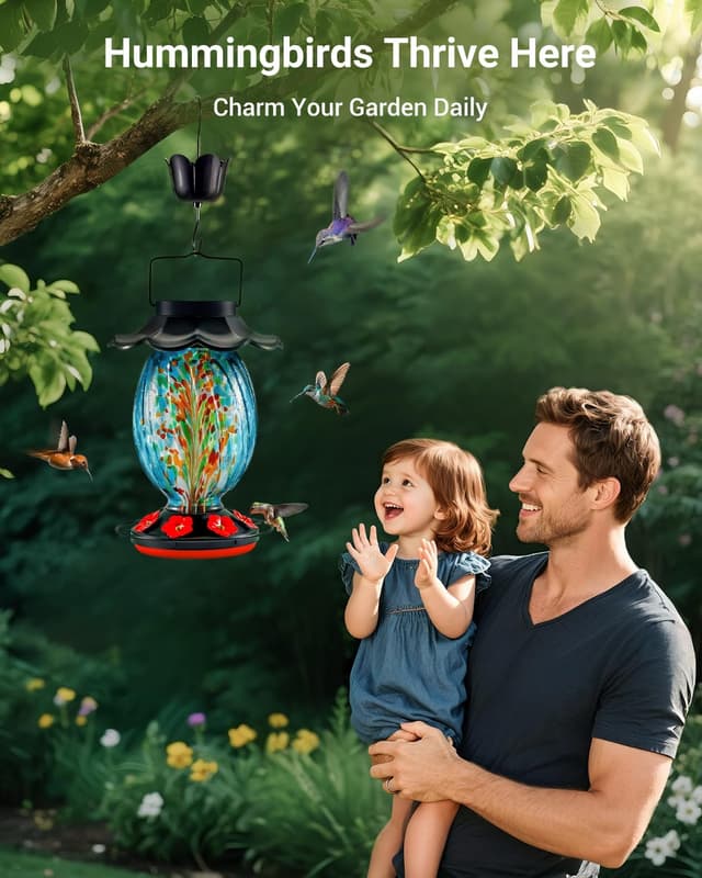 Detalle 2 de HouseSapp Solar Hummingbird Feeder (49 fl. oz) — Color-Changing Hand-Blown Glass, 7 Feeding Ports, Never Leak